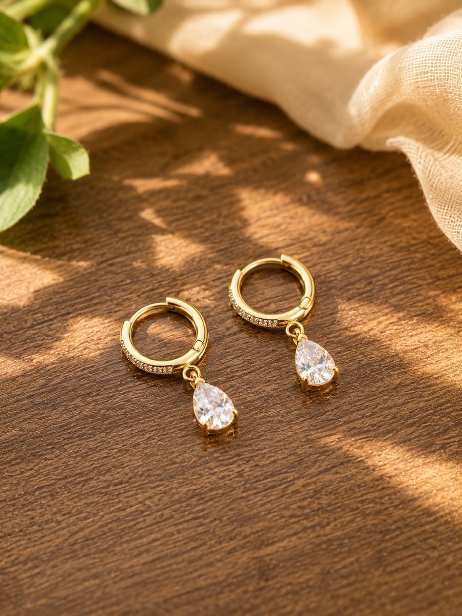 CZ Pear Drop Earrings on Huggies, Anti-Tarnish Gold - view 4