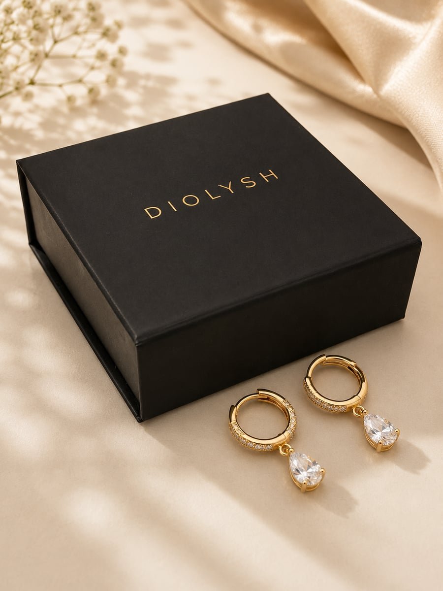 CZ Pear Drop Earrings on Huggies, Anti-Tarnish Gold - view 5