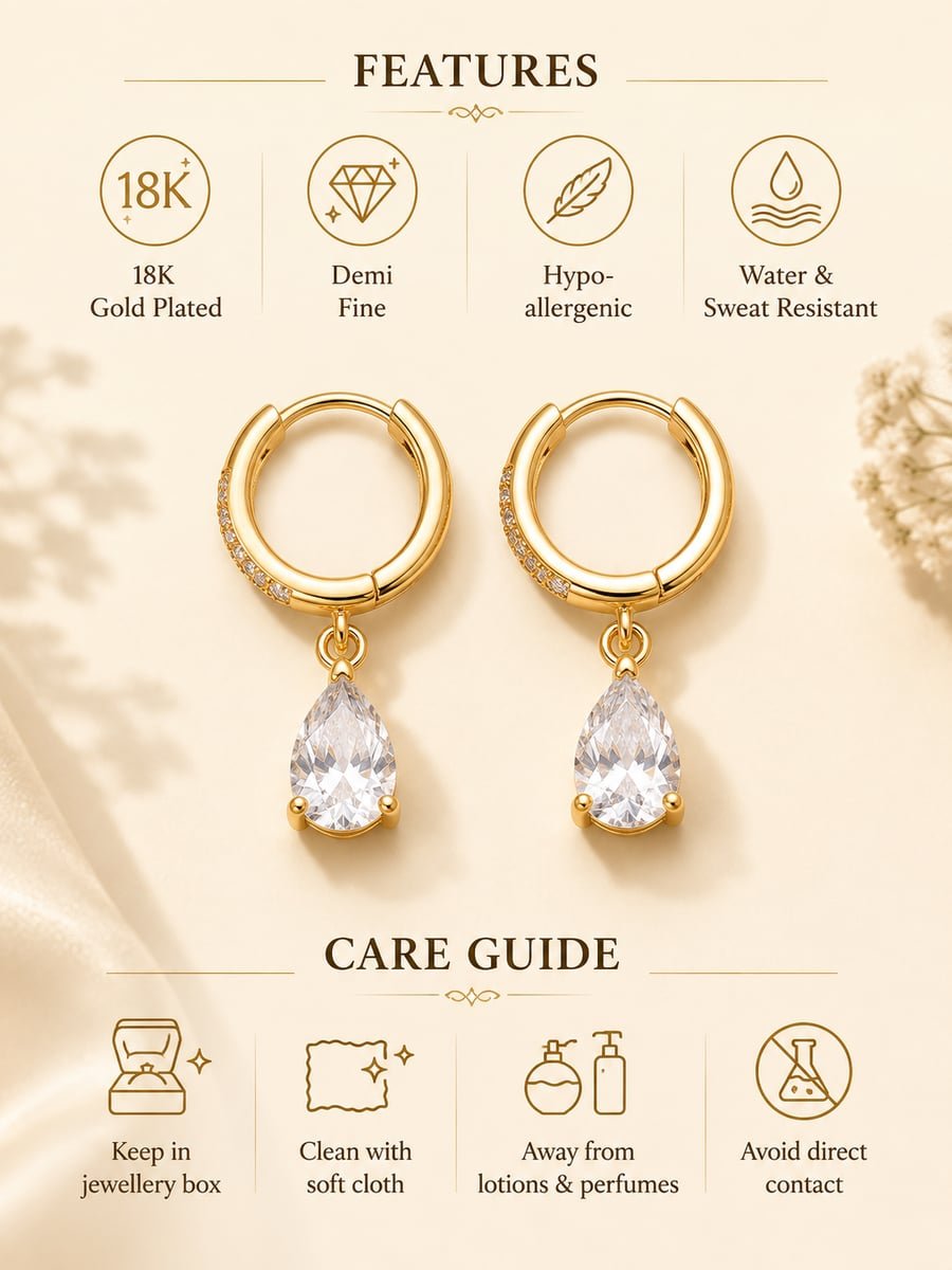 CZ Pear Drop Earrings on Huggies, Anti-Tarnish Gold - view 6