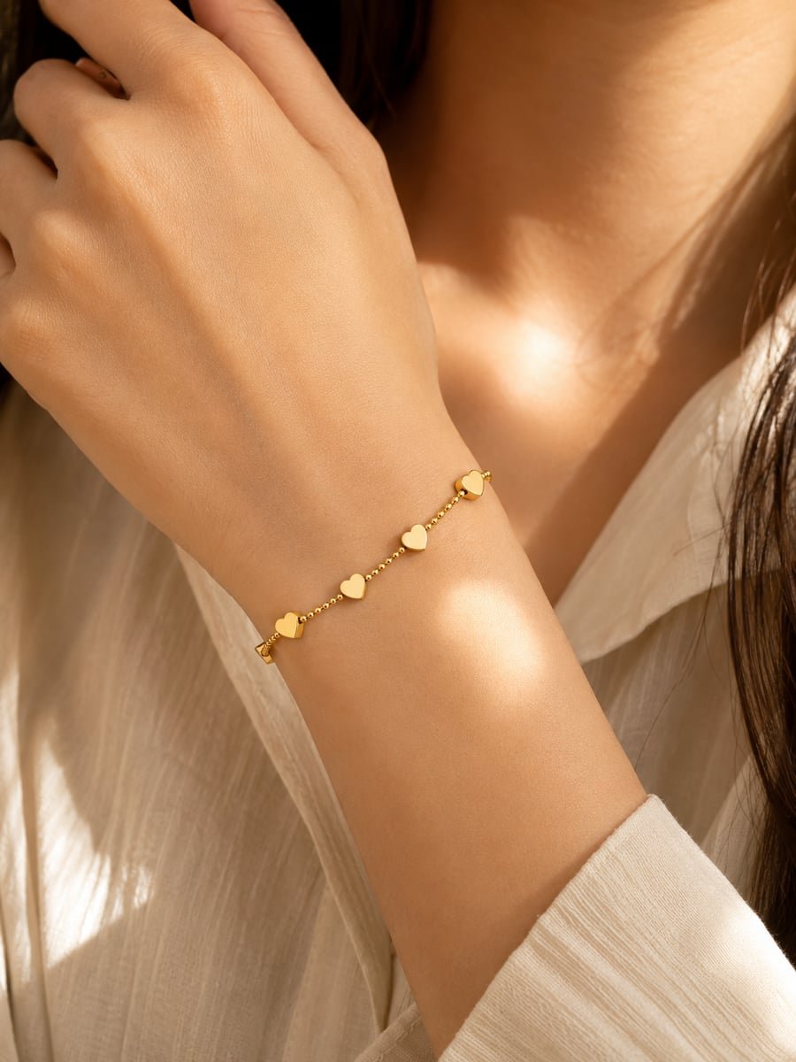 Dainty Heart Chain Bracelet, Anti-Tarnish Gold - view 2