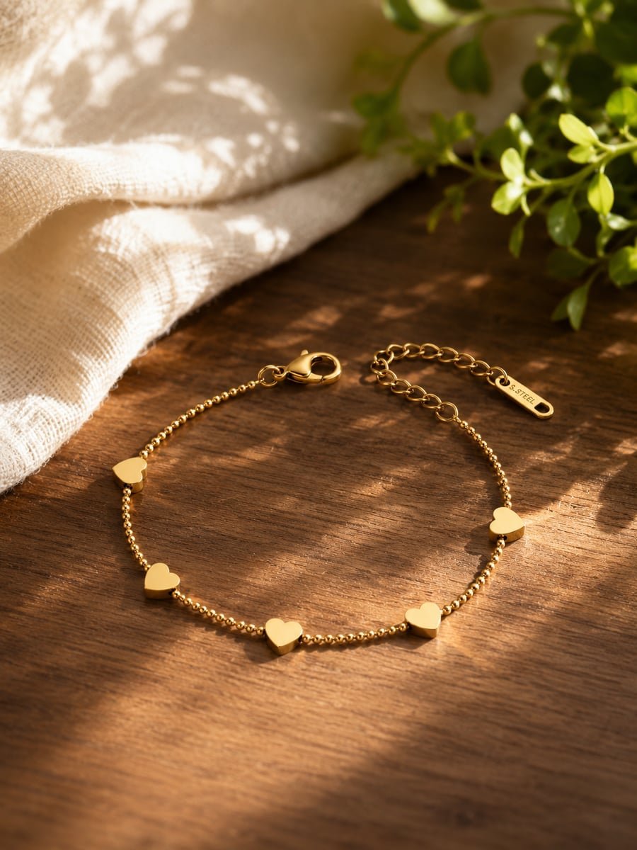 Dainty Heart Chain Bracelet, Anti-Tarnish Gold - view 4
