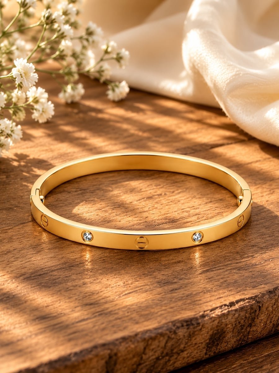 Flat CZ Screw Motif Bangle Bracelet – 18K Gold Plated - view 4