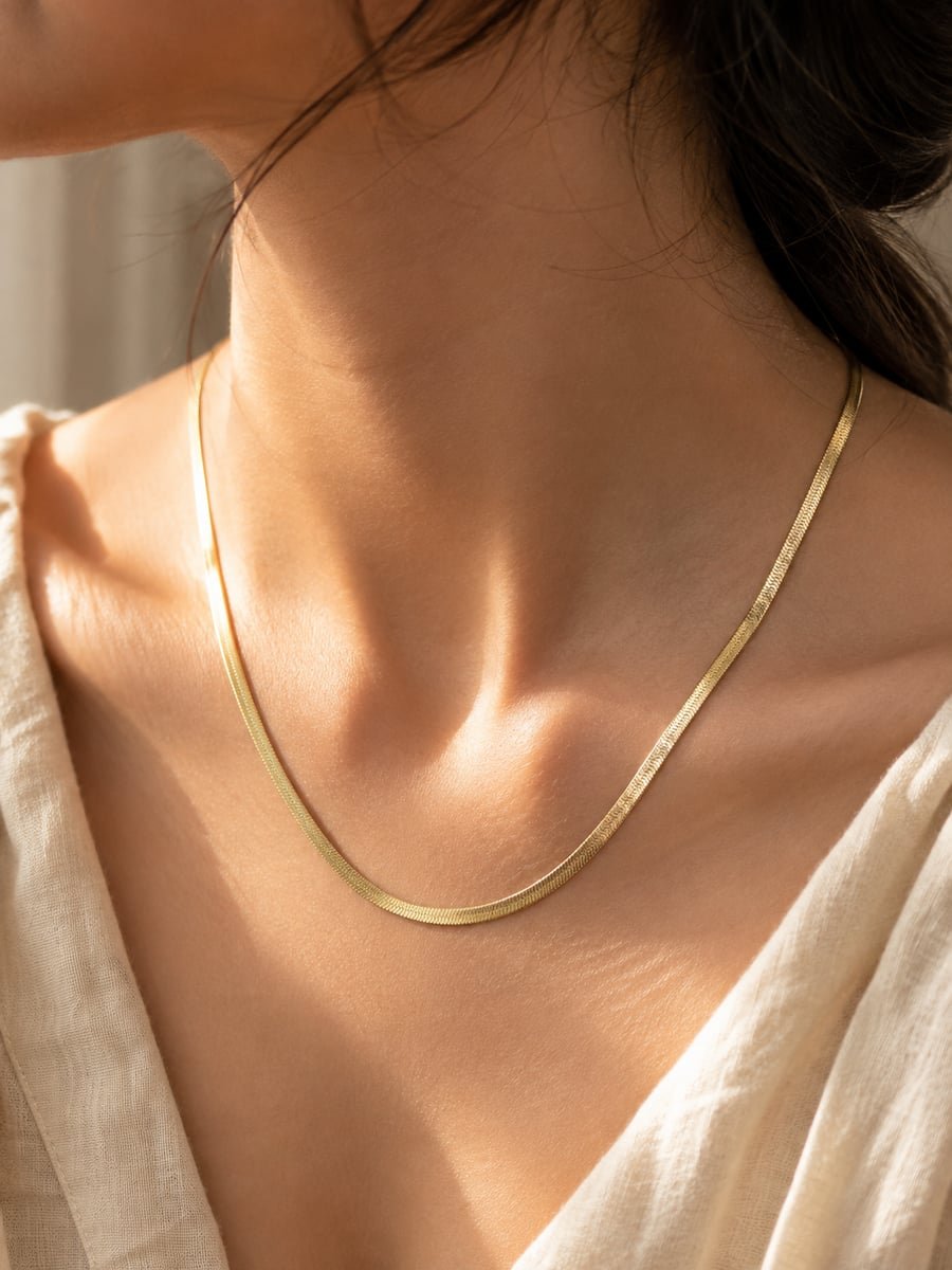 Flat Herringbone Necklace, Anti-Tarnish Gold - view 2