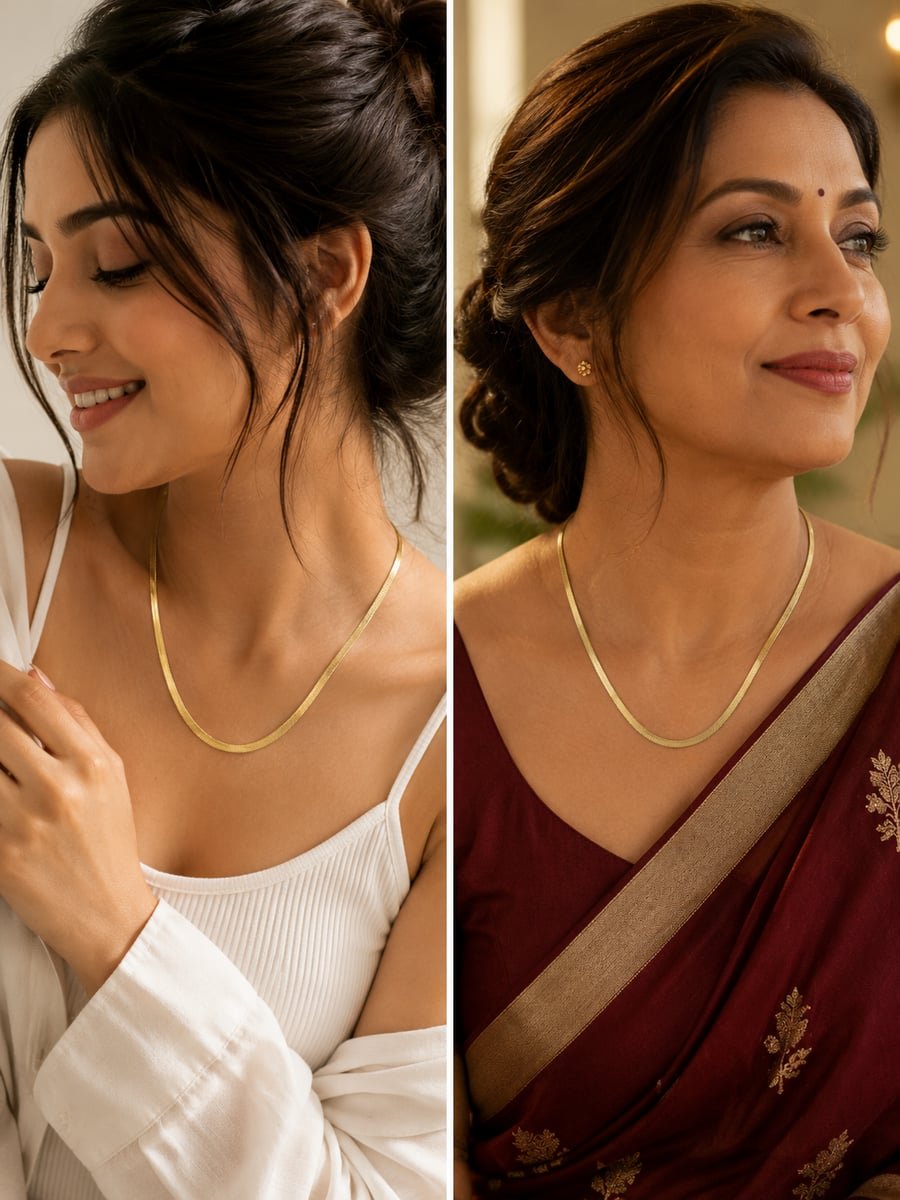 Flat Herringbone Necklace, Anti-Tarnish Gold - view 3