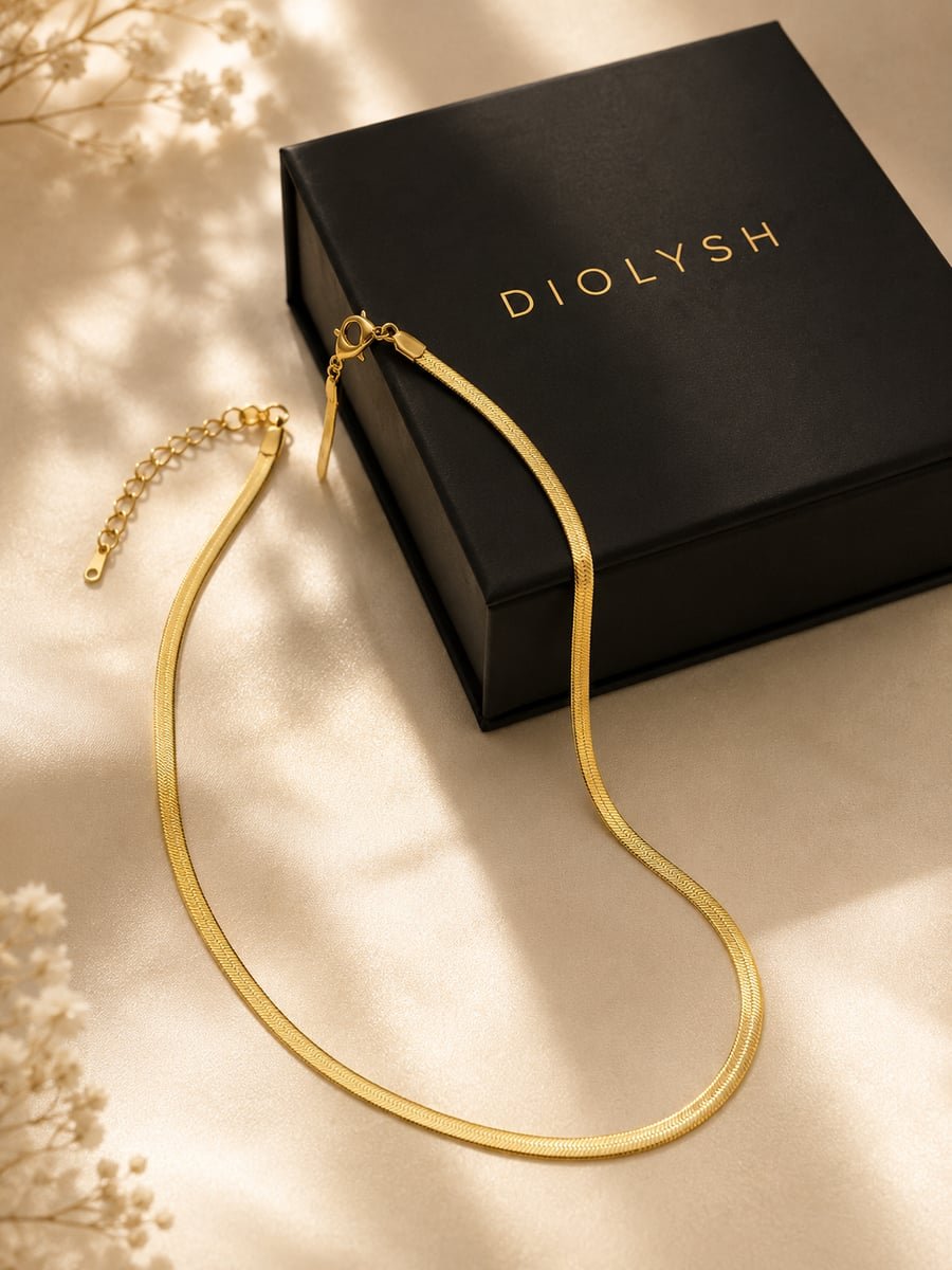 Flat Herringbone Necklace, Anti-Tarnish Gold - view 5