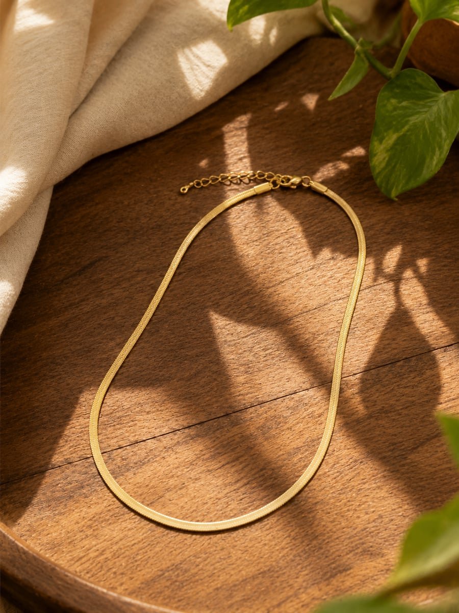 Flat Herringbone Necklace, Anti-Tarnish Gold - view 6