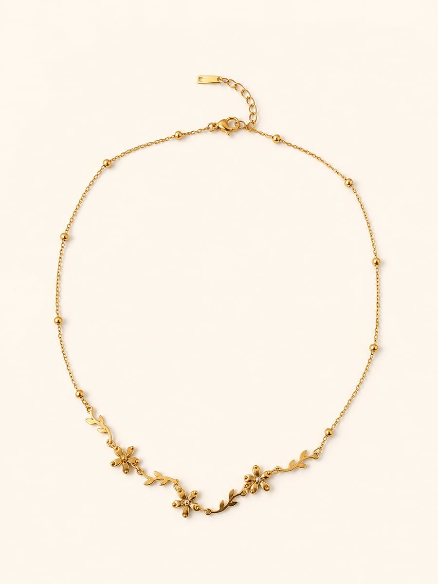 Flower and Leaf Floral Vine Necklace, Anti-Tarnish Gold