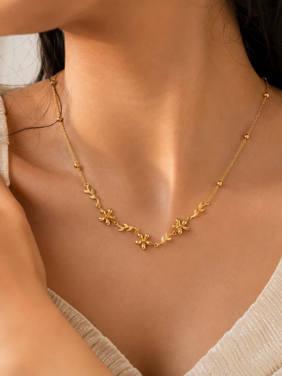 Flower and Leaf Floral Vine Necklace, Anti-Tarnish Gold - view 2