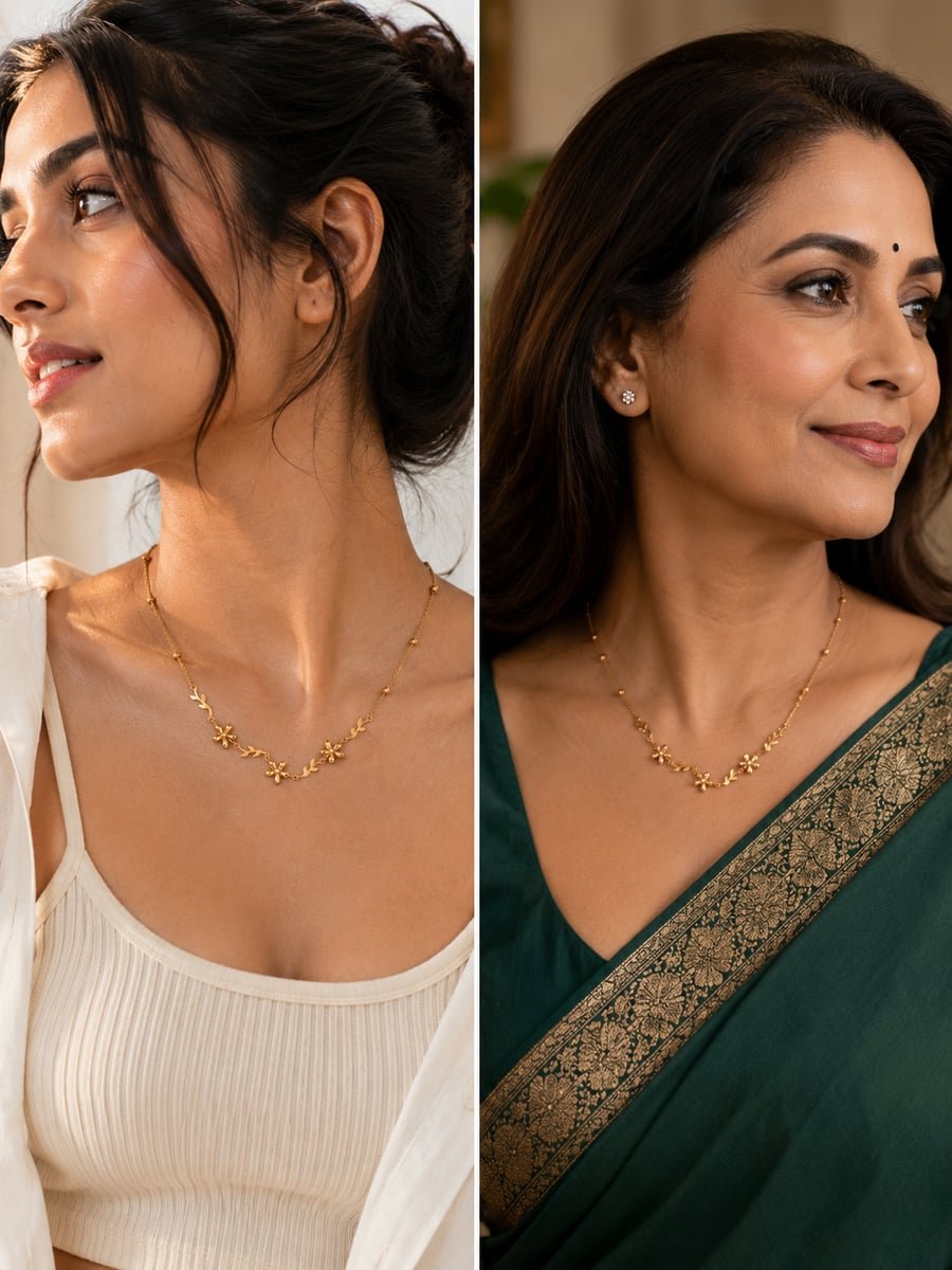 Flower and Leaf Floral Vine Necklace, Anti-Tarnish Gold - view 3