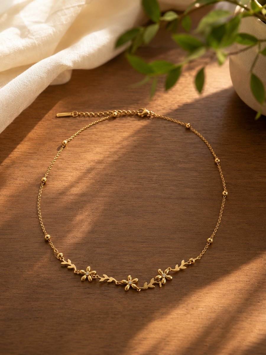 Flower and Leaf Floral Vine Necklace, Anti-Tarnish Gold - view 4