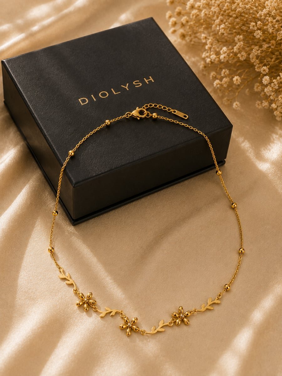 Flower and Leaf Floral Vine Necklace, Anti-Tarnish Gold - view 5