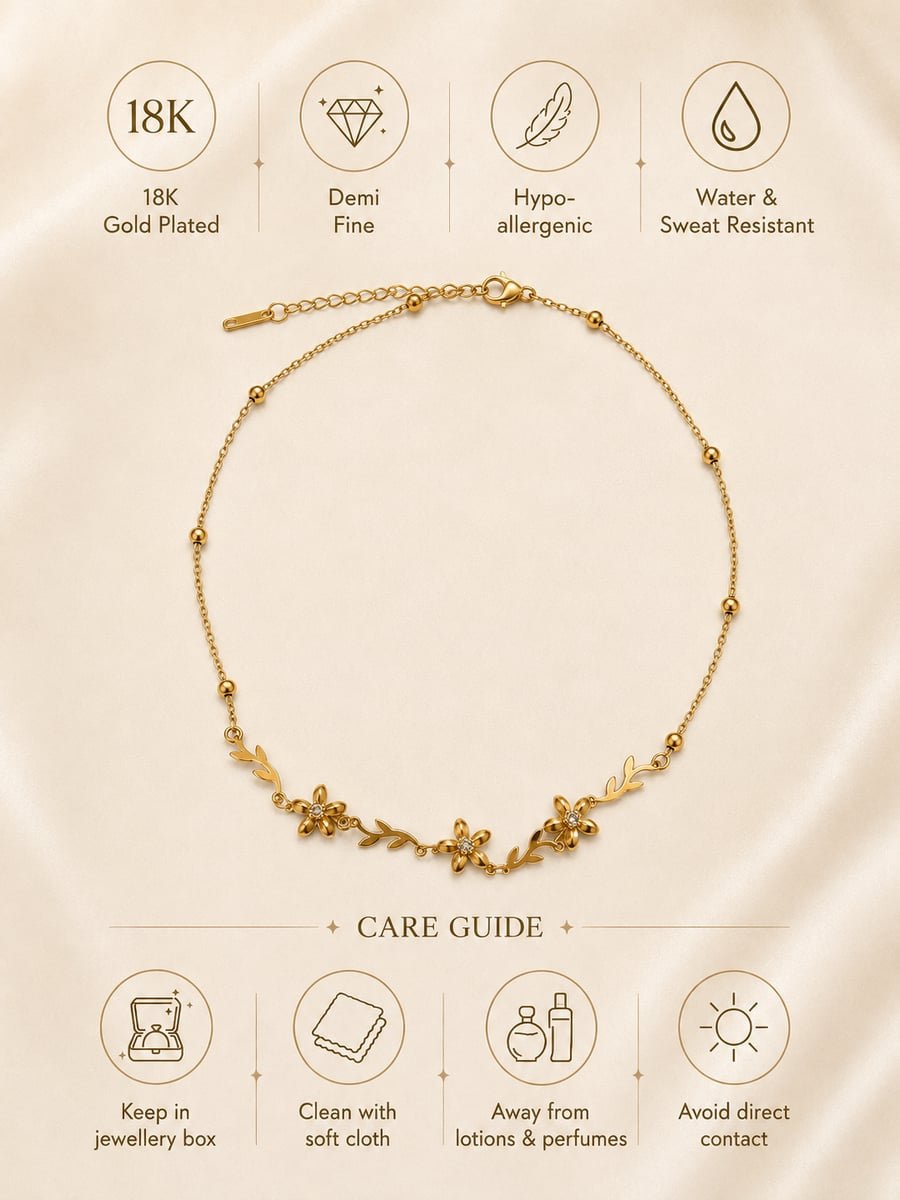 Flower and Leaf Floral Vine Necklace, Anti-Tarnish Gold - view 6