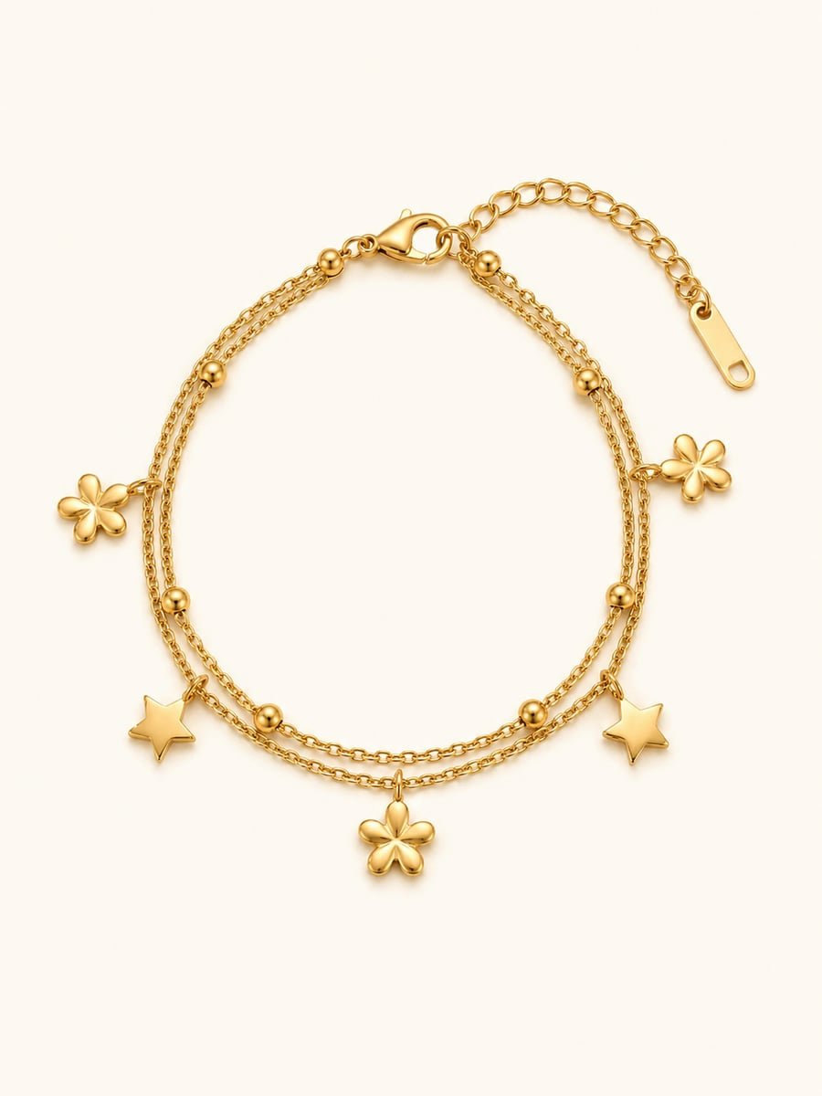 Flower and Star Double Strand Charm Bracelet – 18K Gold Plated