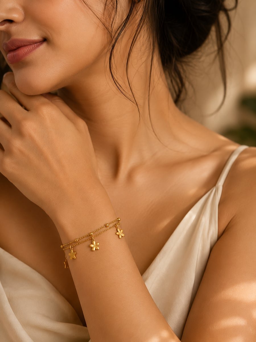 Flower and Star Double Strand Charm Bracelet – 18K Gold Plated - view 2