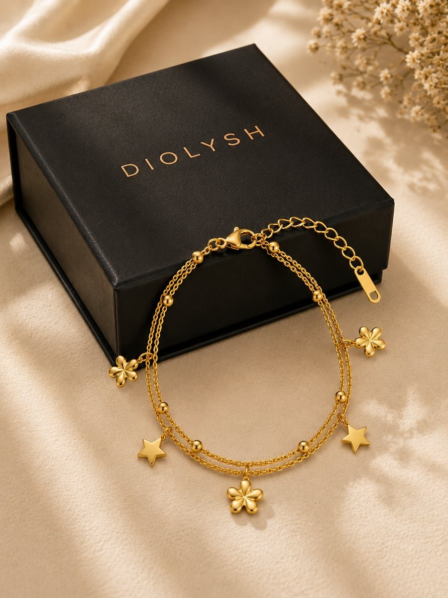 Flower and Star Double Strand Charm Bracelet – 18K Gold Plated - view 5