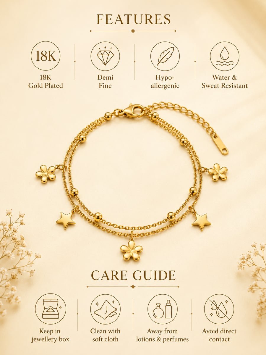 Flower and Star Double Strand Charm Bracelet – 18K Gold Plated - view 6