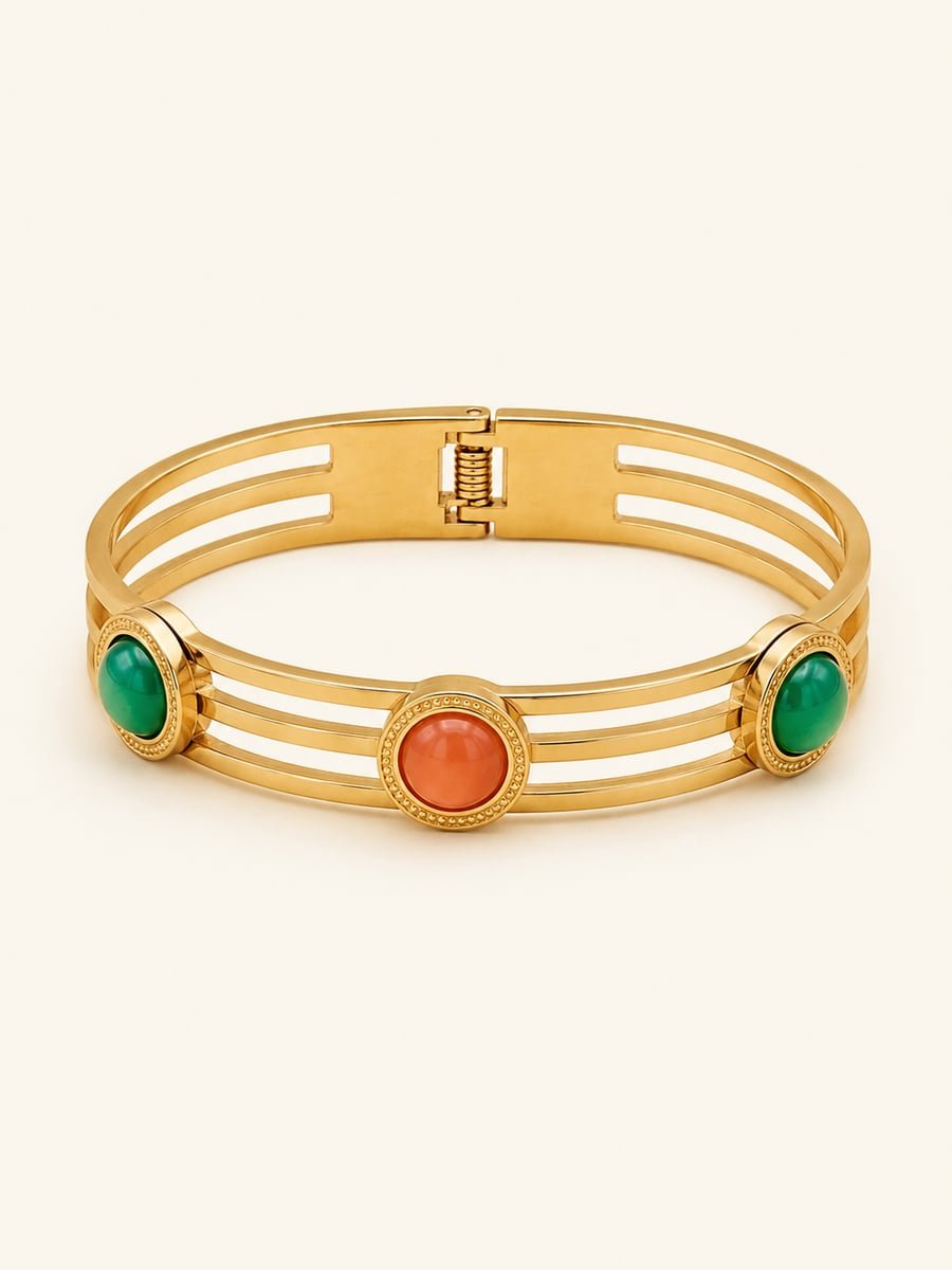Green and Orange Stone Triple Band Bangle – 18K Gold Plated