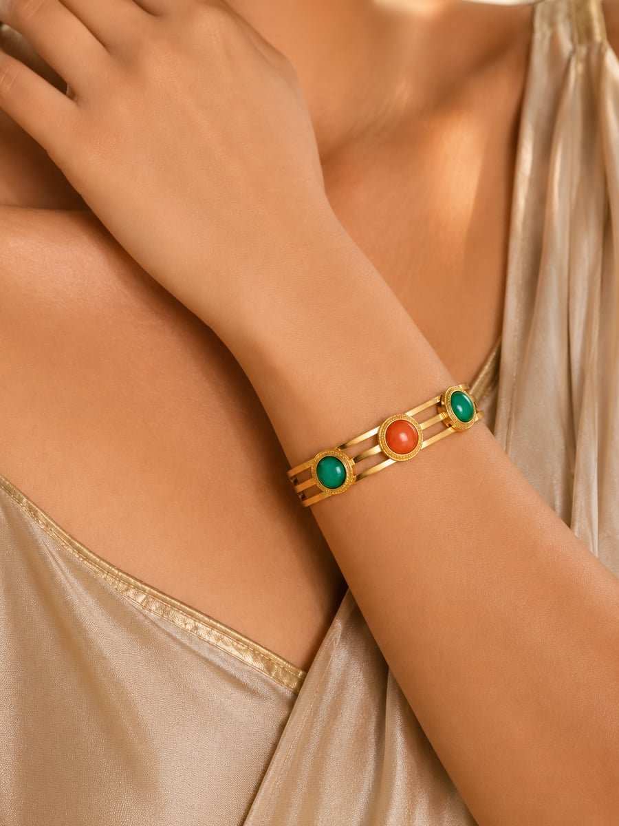 Green and Orange Stone Triple Band Bangle – 18K Gold Plated - view 2