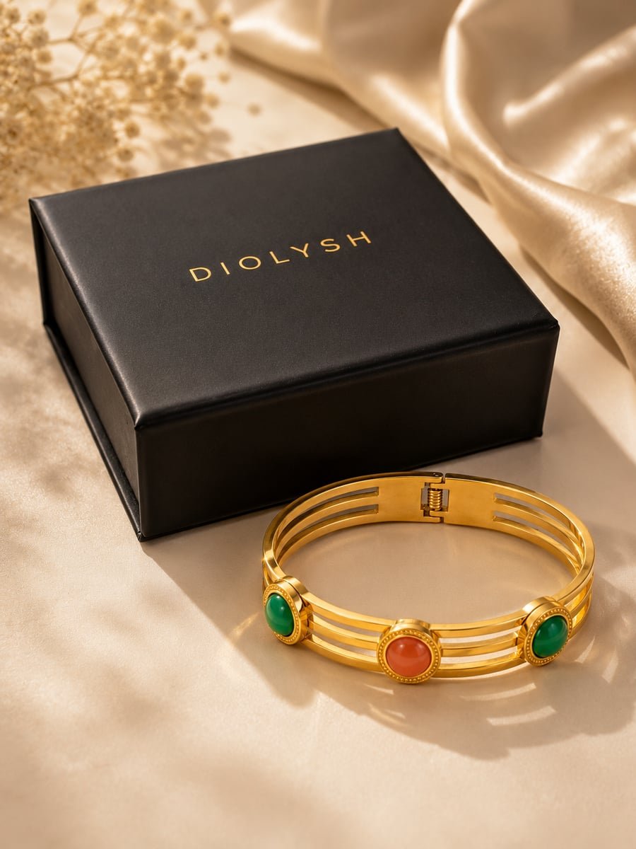 Green and Orange Stone Triple Band Bangle – 18K Gold Plated - view 5