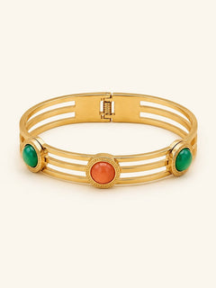 Green and Orange Stone Triple Band Bangle Bracelet – 18K Gold Plated