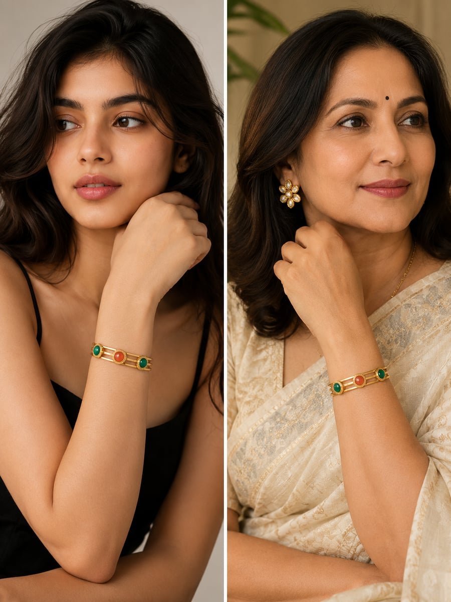 Green and Orange Stone Triple Band Bangle Bracelet – 18K Gold Plated - view 3