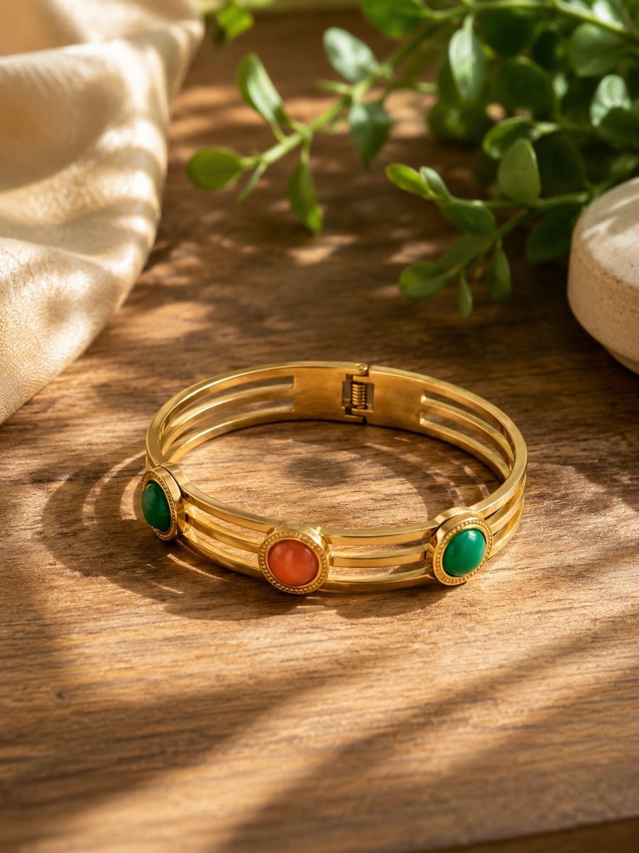 Green and Orange Stone Triple Band Bangle Bracelet – 18K Gold Plated - view 4