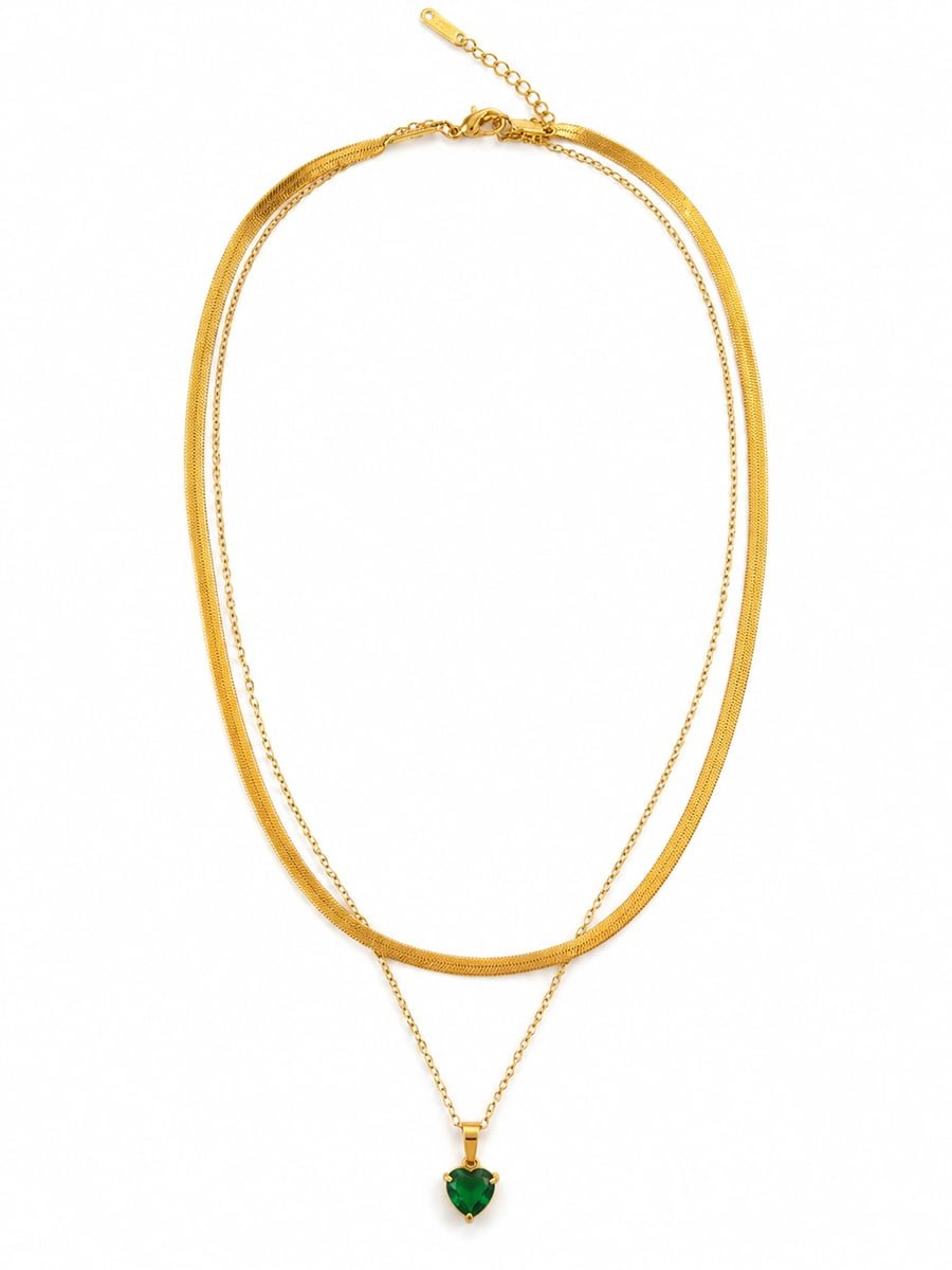 Green Heart Stone Layered Necklace, Anti-Tarnish Gold