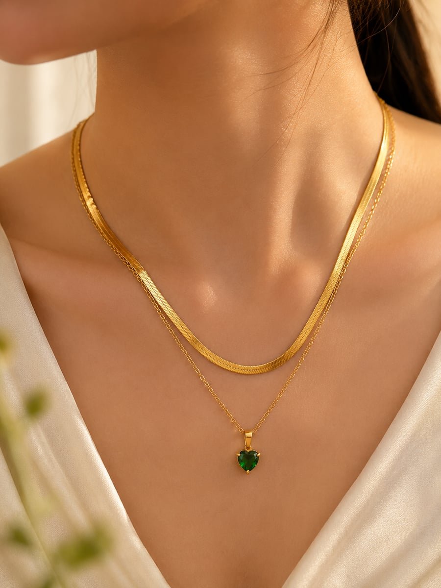 Green Heart Stone Layered Necklace, Anti-Tarnish Gold - view 2