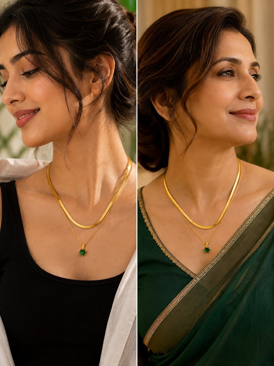 Green Heart Stone Layered Necklace, Anti-Tarnish Gold - view 3