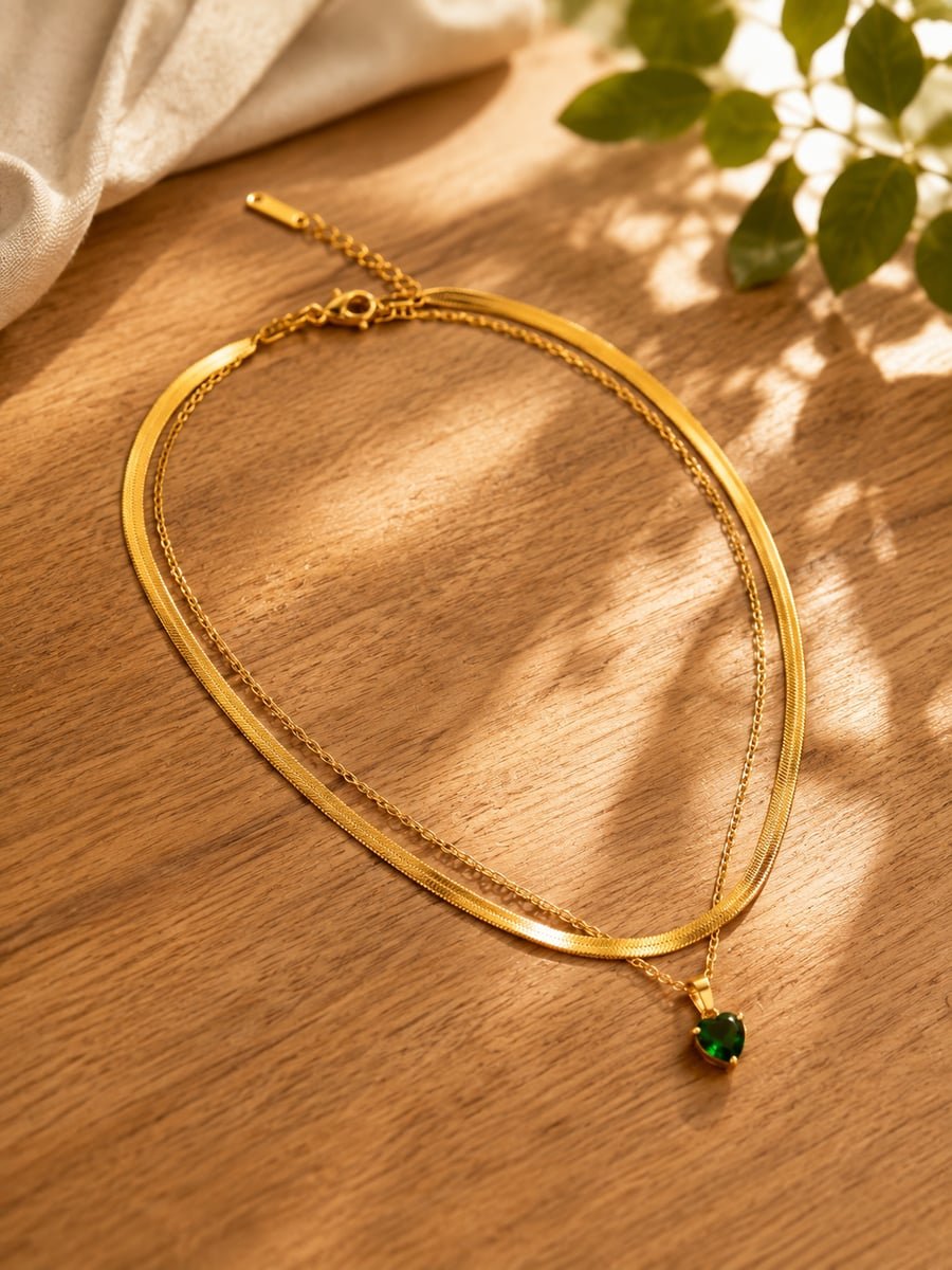 Green Heart Stone Layered Necklace, Anti-Tarnish Gold - view 4