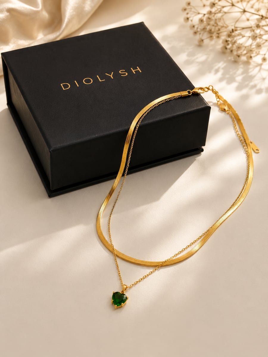 Green Heart Stone Layered Necklace, Anti-Tarnish Gold - view 5