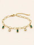 Green Stone Charm Bracelet with CZ Drops, Anti-Tarnish Gold