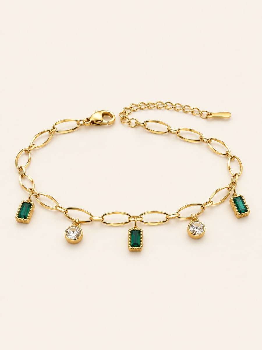 Green Stone Charm Bracelet with CZ Drops, Anti-Tarnish Gold