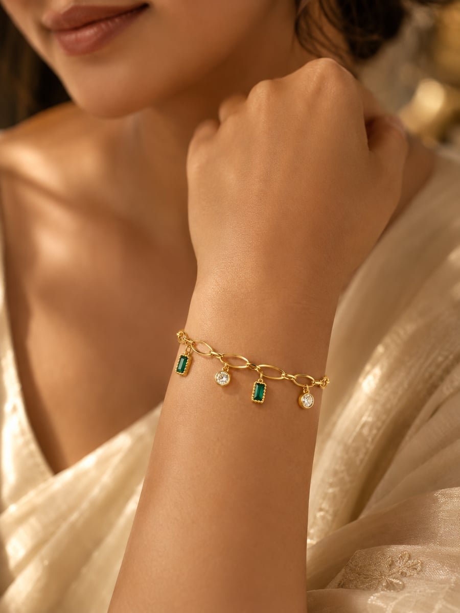 Green Stone Charm Bracelet with CZ Drops, Anti-Tarnish Gold - view 2