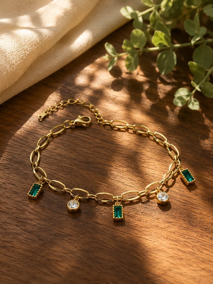 Green Stone Charm Bracelet with CZ Drops, Anti-Tarnish Gold - view 4