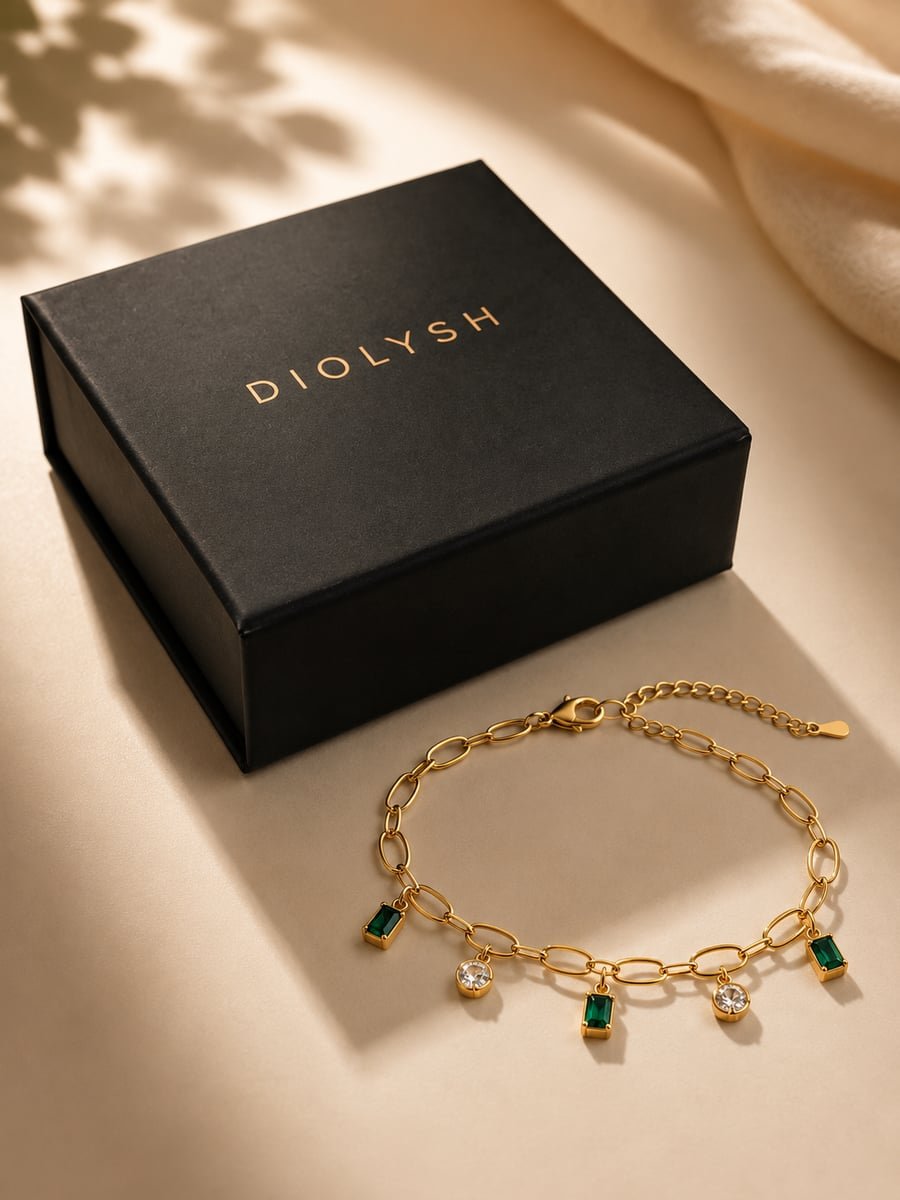 Green Stone Charm Bracelet with CZ Drops, Anti-Tarnish Gold - view 5