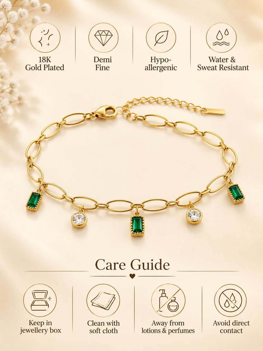 Green Stone Charm Bracelet with CZ Drops, Anti-Tarnish Gold - view 6
