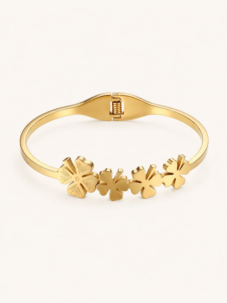 Hinged Clover Bangle with Flower Motif – 18K Gold Plated