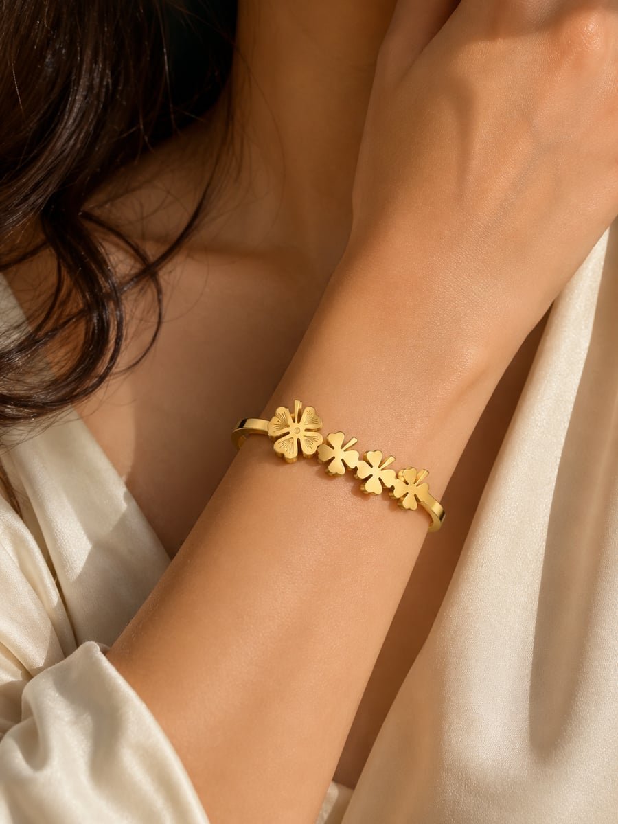 Hinged Clover Bangle with Flower Motif – 18K Gold Plated - view 2