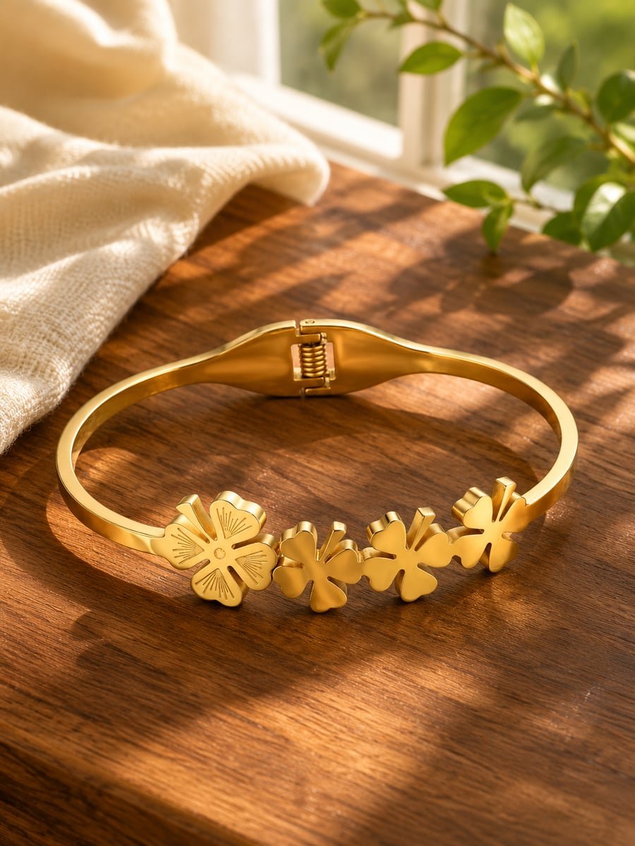 Hinged Clover Bangle with Flower Motif – 18K Gold Plated - view 4