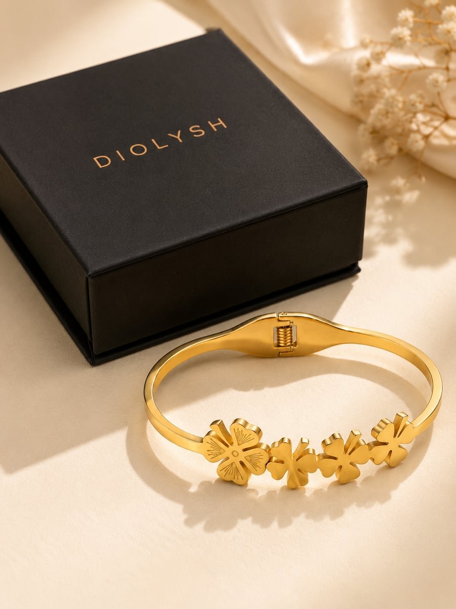 Hinged Clover Bangle with Flower Motif – 18K Gold Plated - view 5