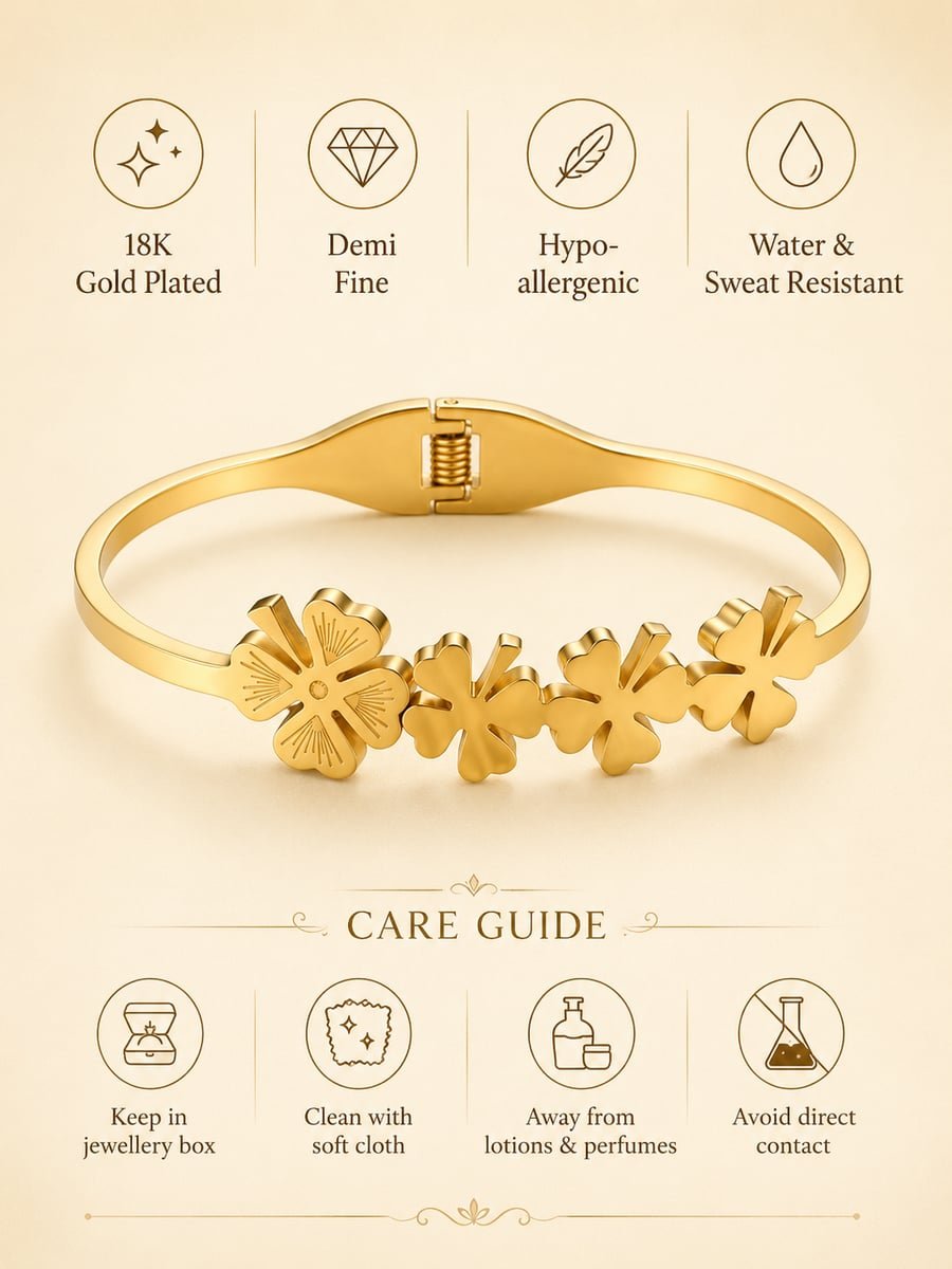 Hinged Clover Bangle with Flower Motif – 18K Gold Plated - view 6