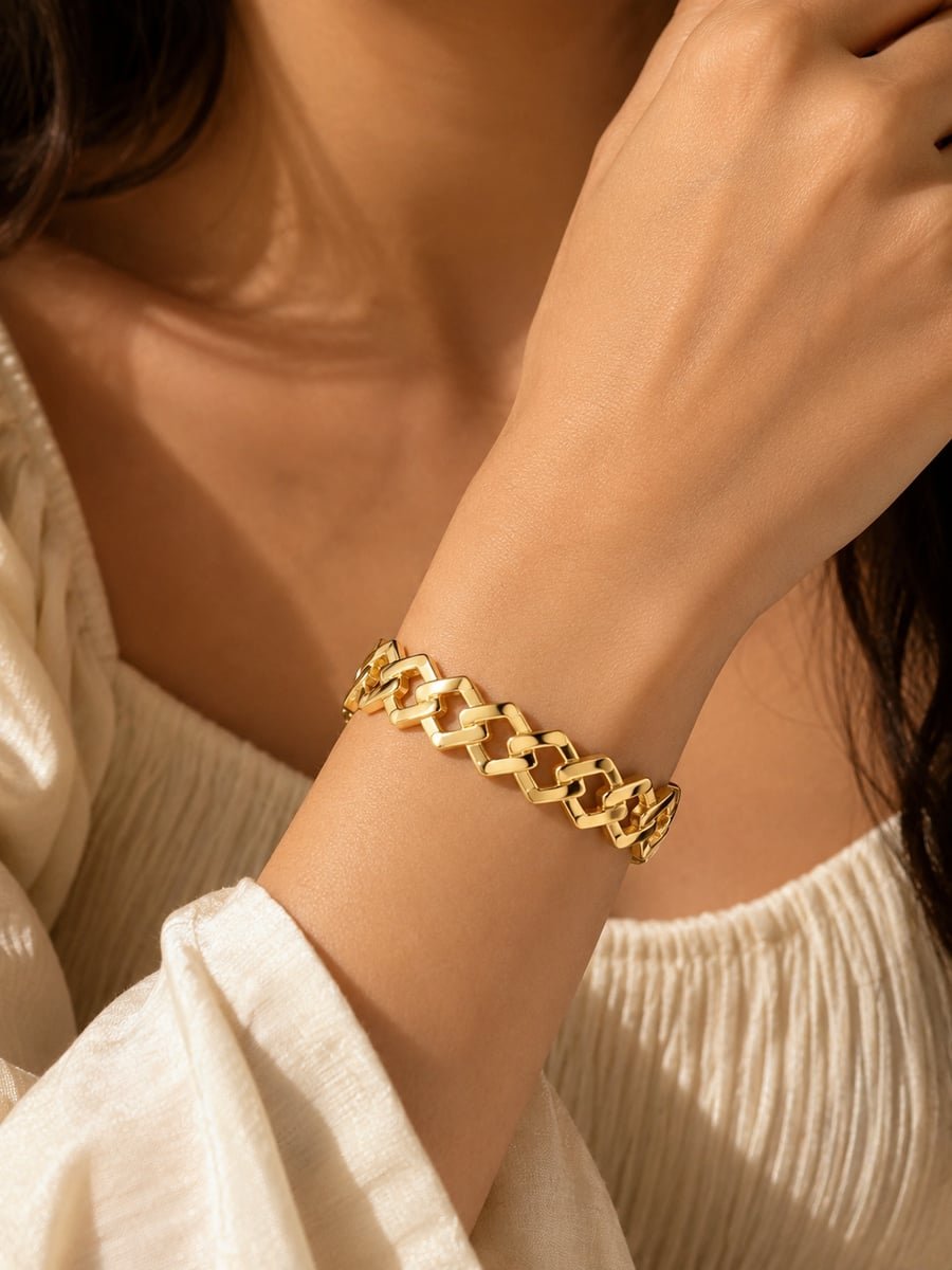 Interlocking Square Link Bangle, Anti-Tarnish Gold - view 2