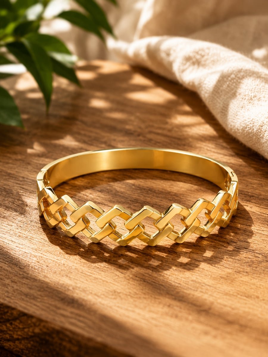 Interlocking Square Link Bangle, Anti-Tarnish Gold - view 4