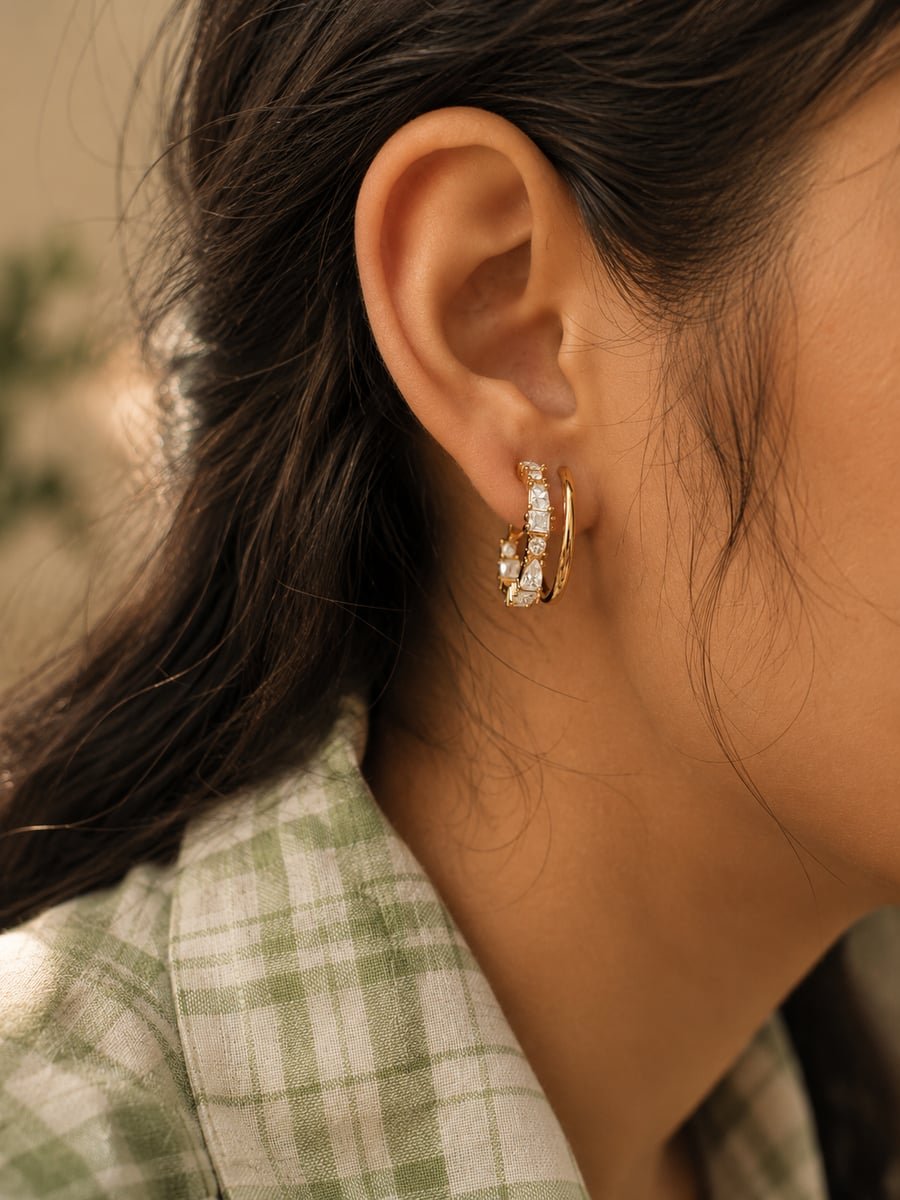 Mixed Cut CZ Double Row Hoop Earrings, Anti-Tarnish Gold - view 2