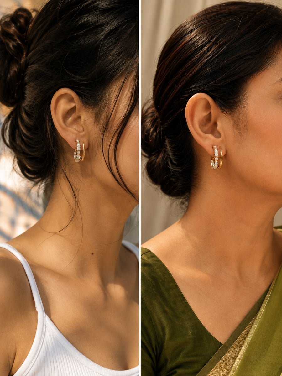 Mixed Cut CZ Double Row Hoop Earrings, Anti-Tarnish Gold - view 3