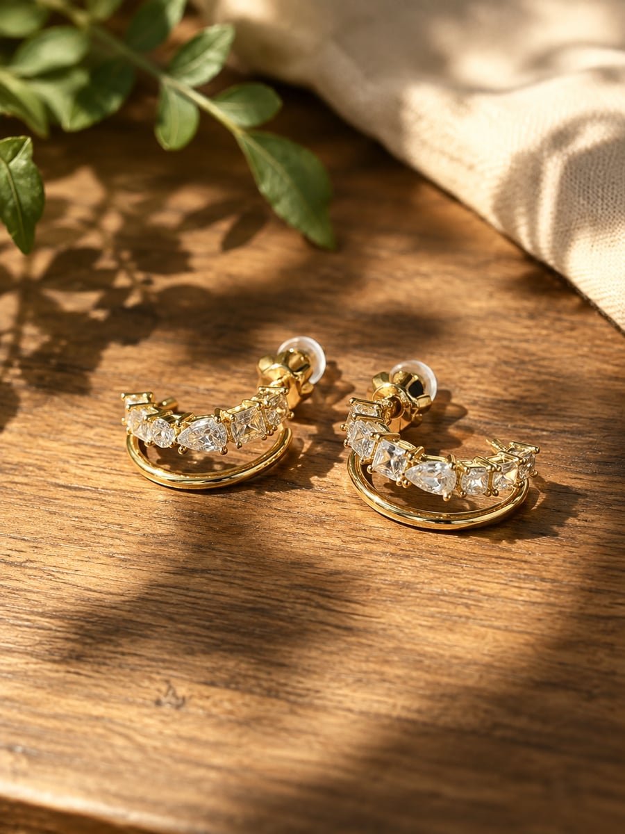 Mixed Cut CZ Double Row Hoop Earrings, Anti-Tarnish Gold - view 4