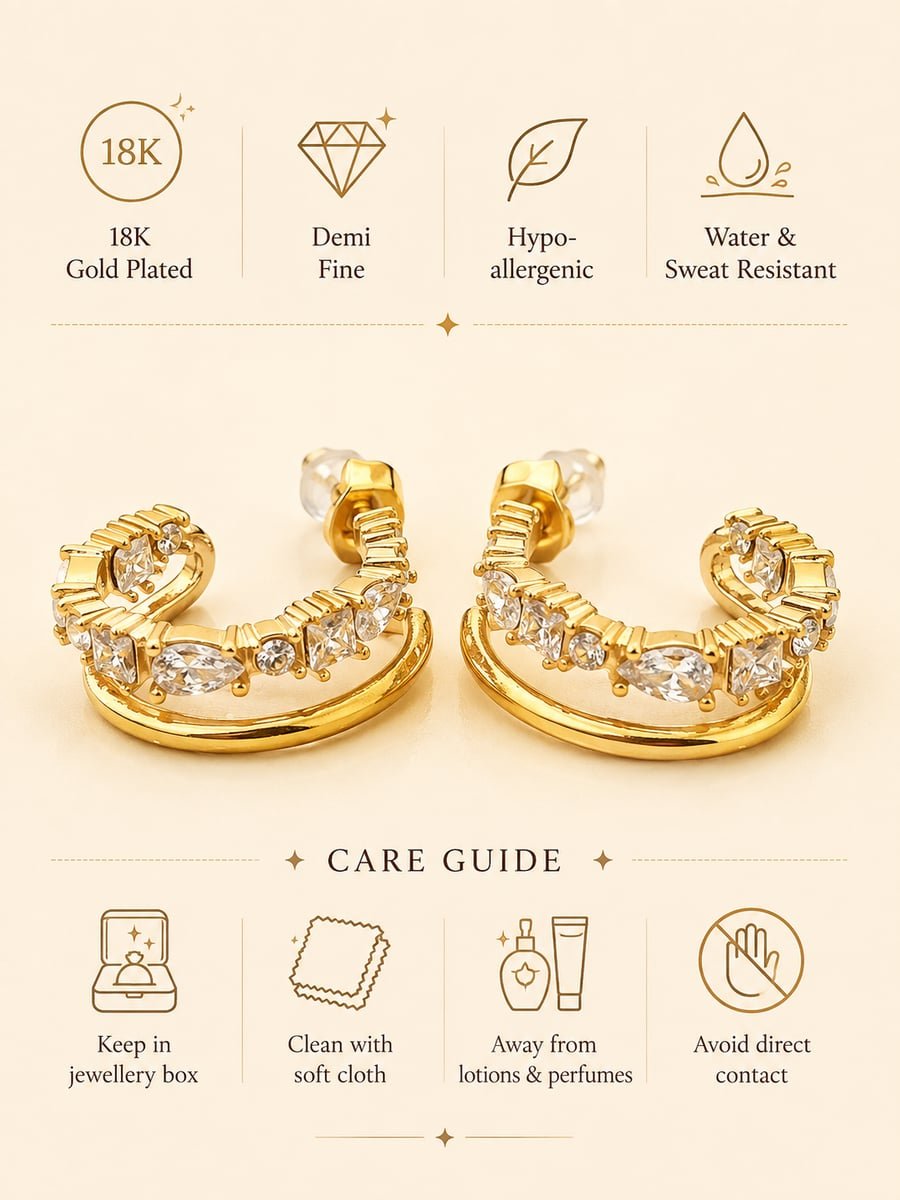 Mixed Cut CZ Double Row Hoop Earrings, Anti-Tarnish Gold - view 6