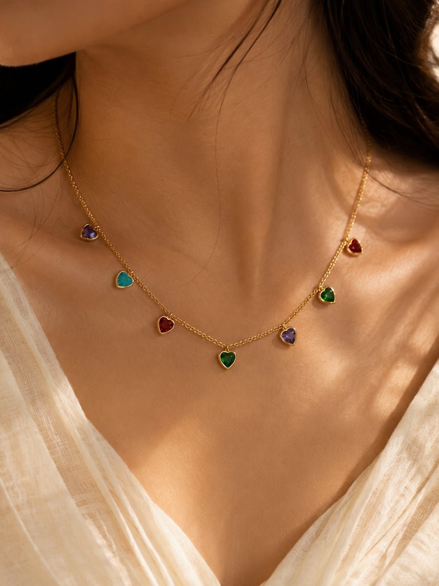 Multicolour Heart Charm Necklace – Demi-Fine Gold - view 2