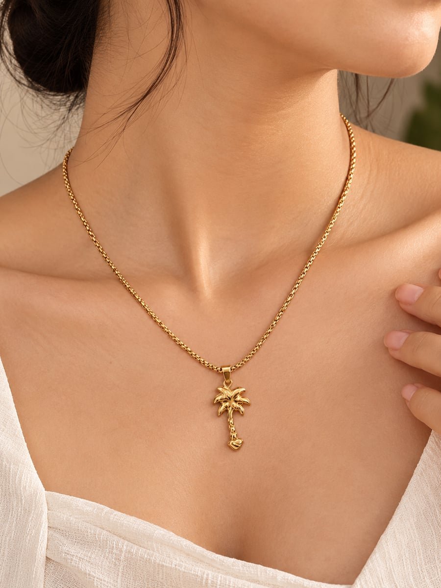 Palm Tree Pendant Necklace, Anti-Tarnish Gold - view 2